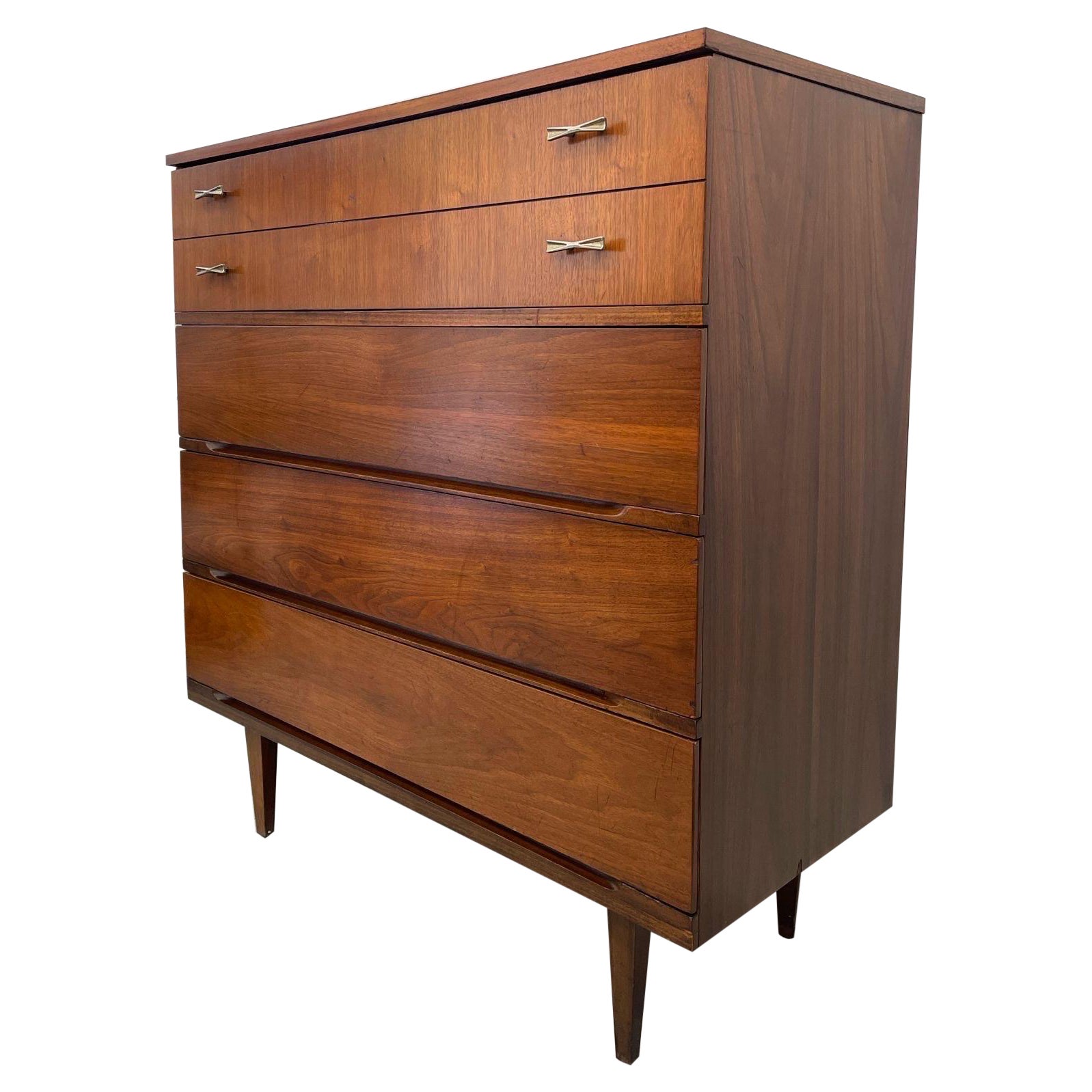 Vintage Mid Century Modern Walnut Toned Tall Dresser by Harmony House. For Sale