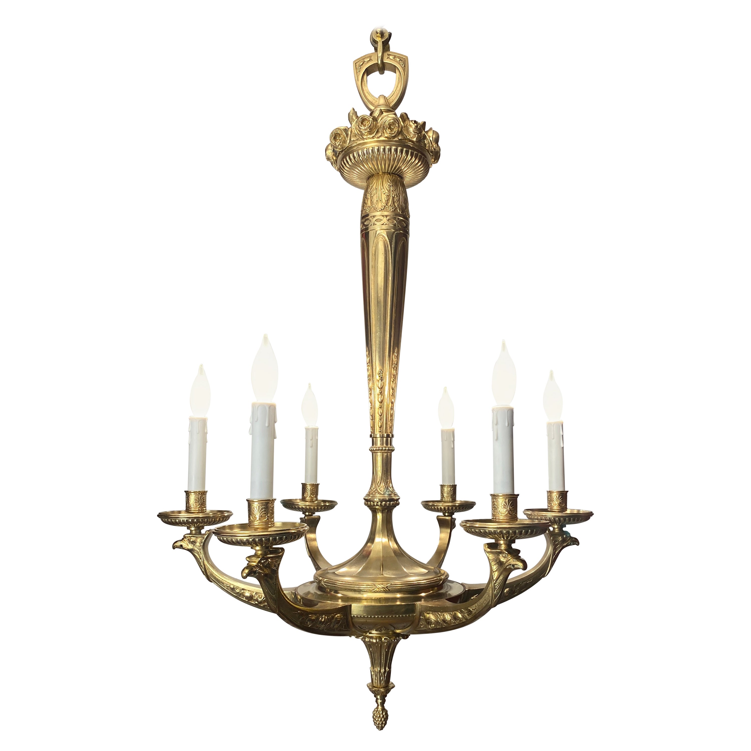 Large French Art Deco Bronze Chandelier attributed to Sue et Mare  For Sale