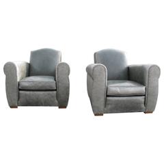 Pair of Moss Green Leather Club Chairs