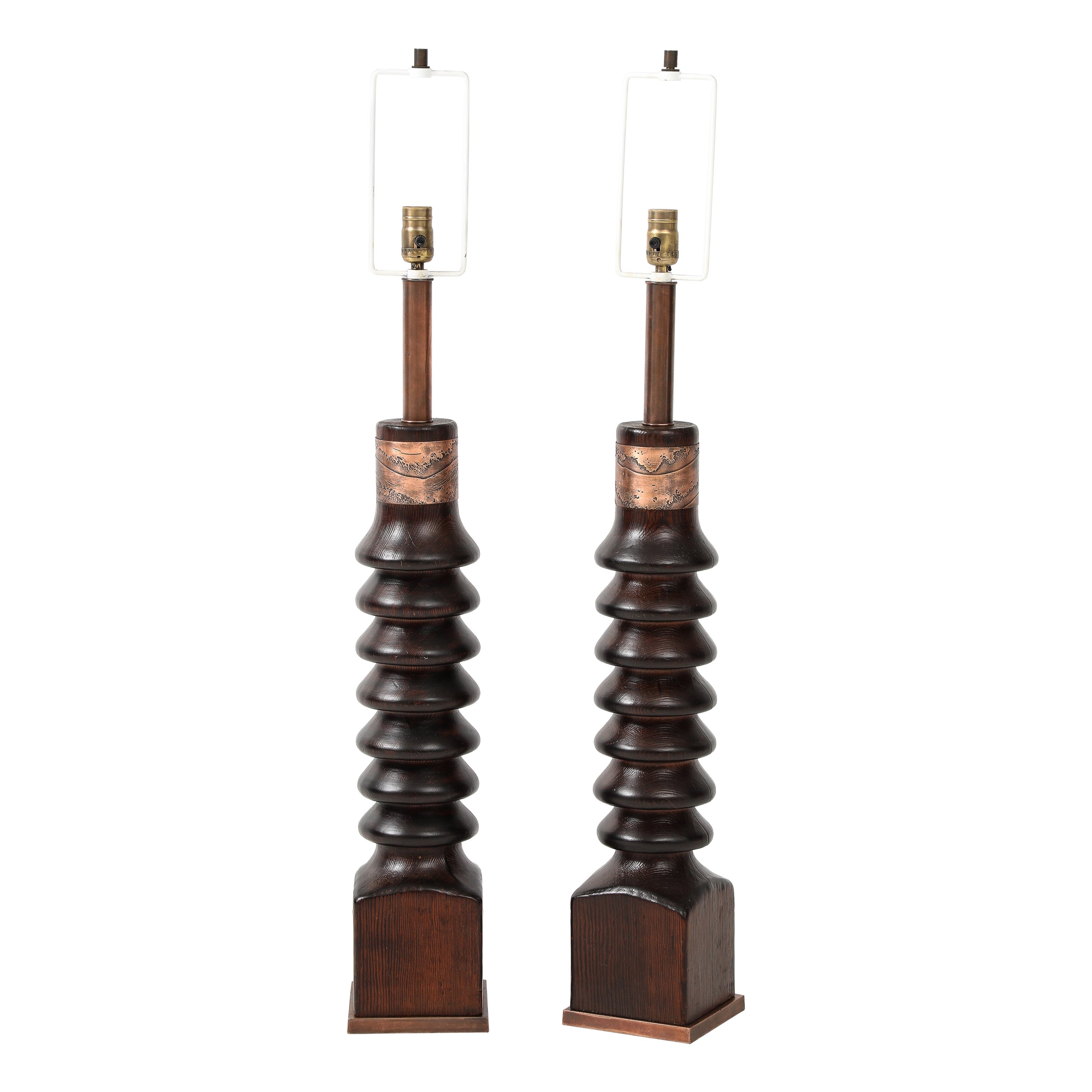 1960's Mid-Century Modern Tall Laurel Oak And Copper Table Lamps