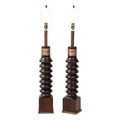 Vintage 1960's Mid-Century Modern Tall Laurel Oak And Copper Table Lamps