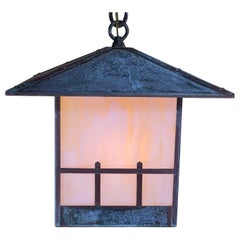 Single Arts & Crafts Brass Lantern  Pendant Light with  Art Glass