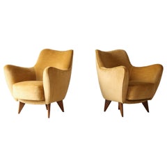Vintage Pair of Giulia Veronesi Perla Chairs, Yellow Velvet, ISA Bergamo, Italy, 1950s