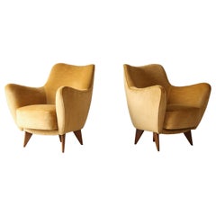 Pair of Giulia Veronesi Perla Chairs, Yellow Velvet, ISA Bergamo, Italy, 1950s