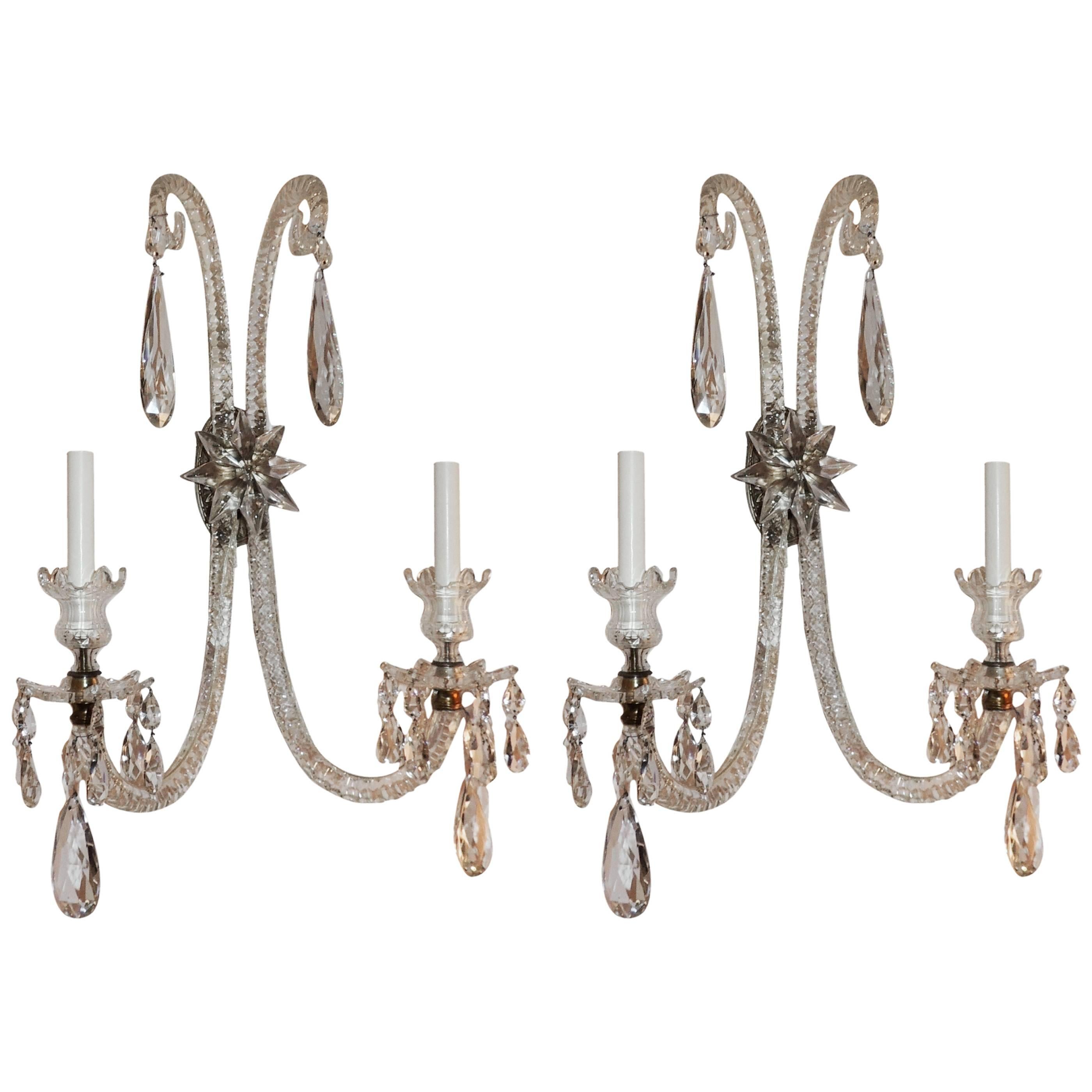 Palatial Antique Large Pair Of Elegant Cut Crystal & Bronze Two-Arm Star Sconces