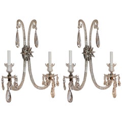 Palatial Antique Large Pair Of Elegant Cut Crystal 
Bronze Two-Arm Star Sconces