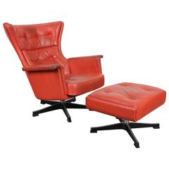 Mid-Century Modern Red Leather Swivel Chair