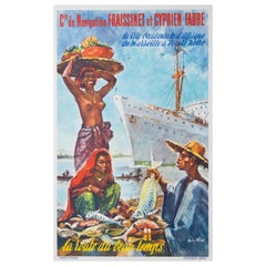 Vintage Fievet, Original Navy Poster, Fraissinet Cyprien Cruise Line, Ship, Africa, 1960