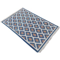 Handmade Cotton Area Flat Weave Rug, 4x6 Blue And White Geometric Indian Dhurrie