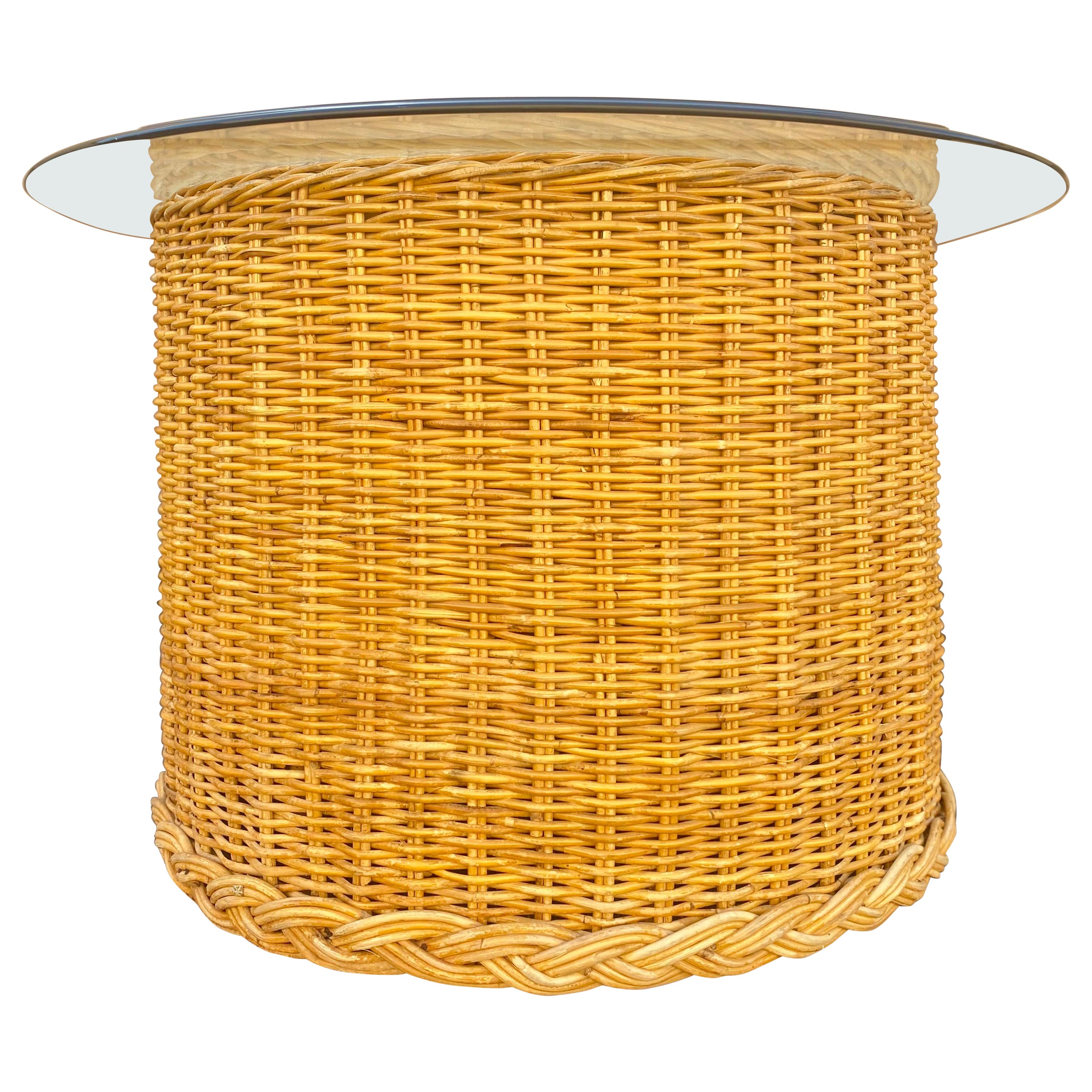 Cylindrical Coastal Braided Rattan Large Side Table or Petite Cocktail Table For Sale