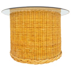 Vintage Cylindrical Coastal Braided Rattan Large Side Table or Petite Cocktail Table