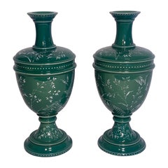 Pair of 19th Century Green Glass Vases with Applied All Over White Enamel Floral