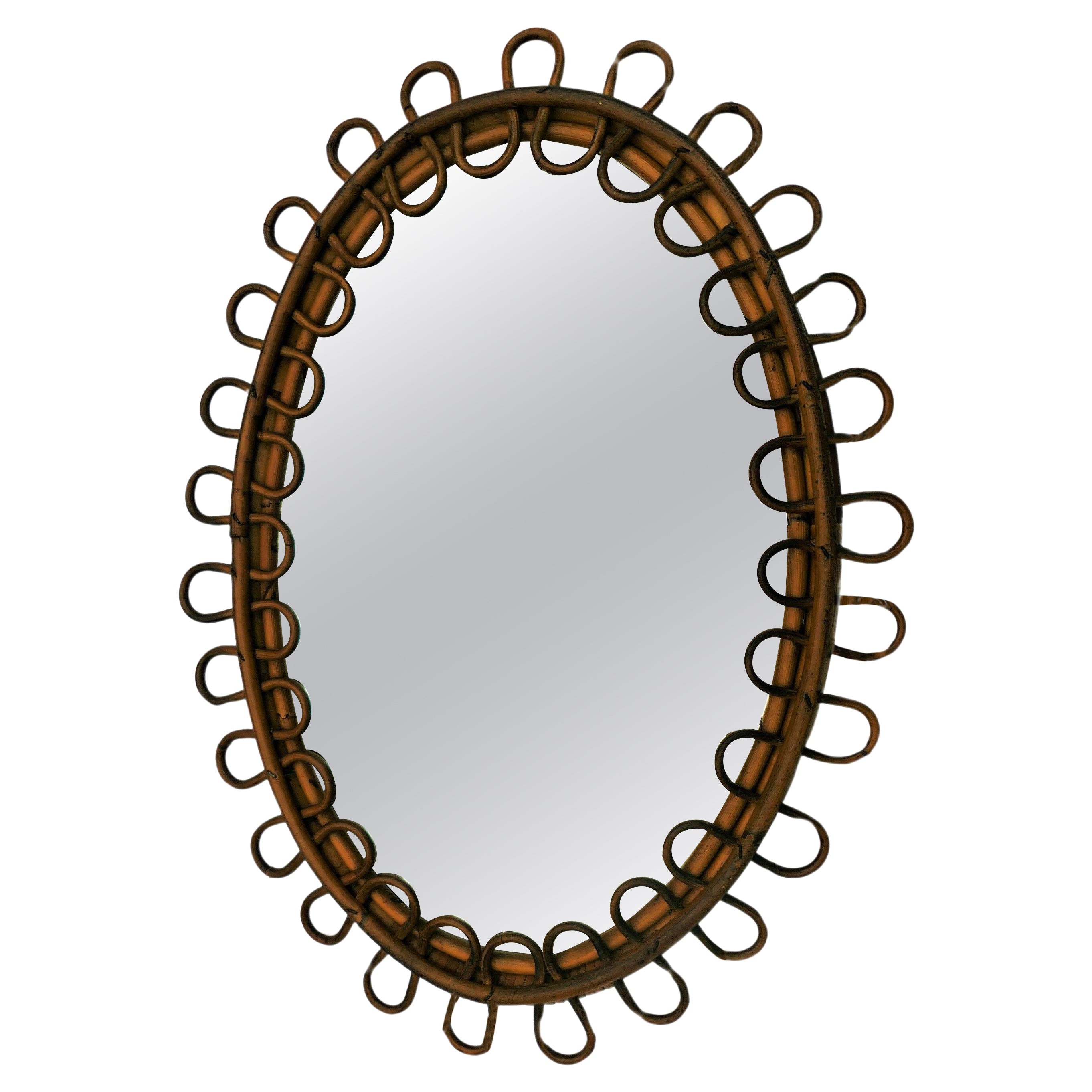 French or Italian rattan wicker mirror For Sale