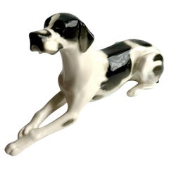 Used Large Lomonosov Russian Porcelain Black/ White English Pointer Dog Figurine