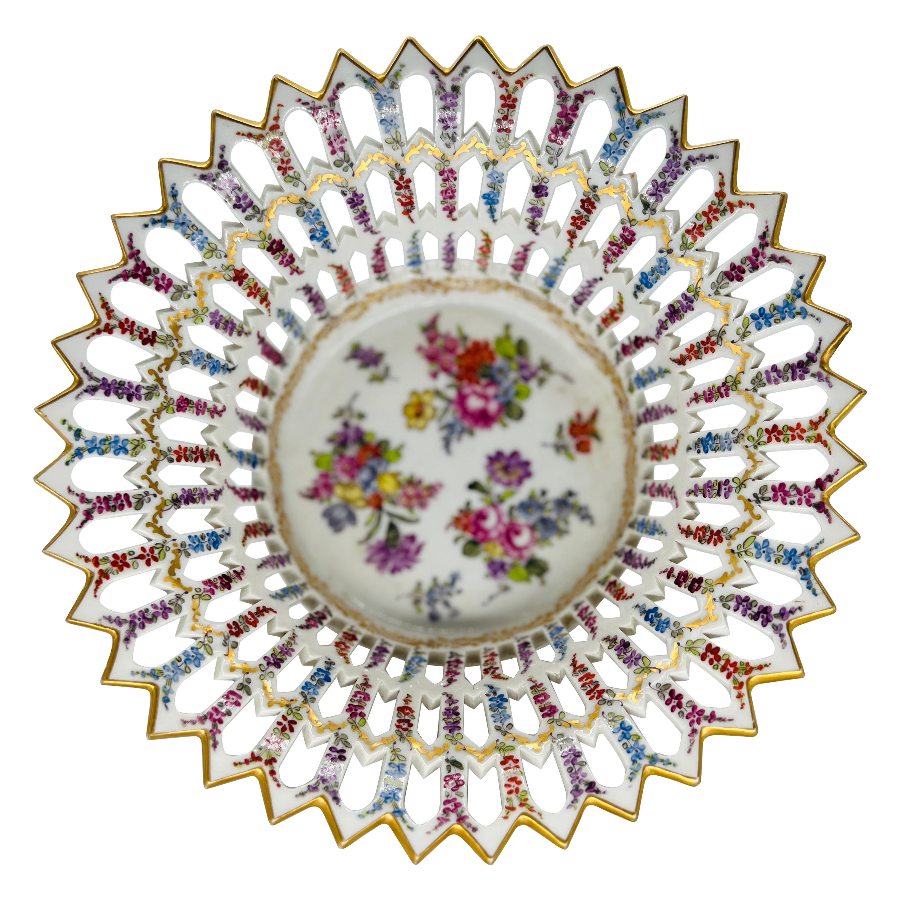 Antique Meissen Porcelain Pierced Floral Decorated Fruit Basket, C. 1920 For Sale