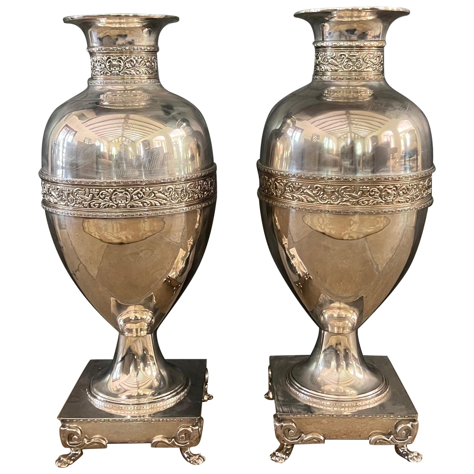Large Antique Silverplated Urns, Set of 2