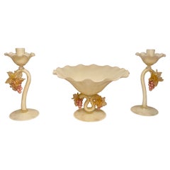 Antique Venetian Glass Pair Candlesticks With Matching Centerpiece. Pink, White
