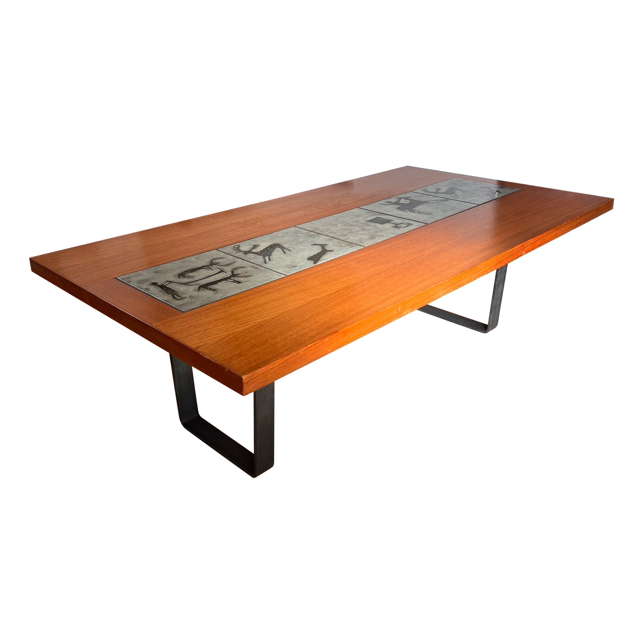Danish modern teak coffee table with prehistoric tile inlay, 1960s For Sale