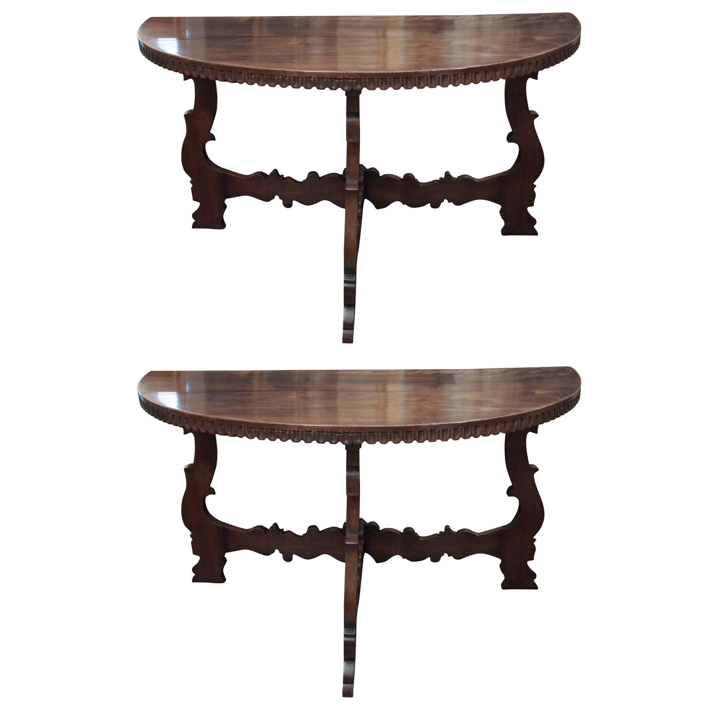 Pair of Walnut Demilune Console Tables, Italian, 18th Century For Sale