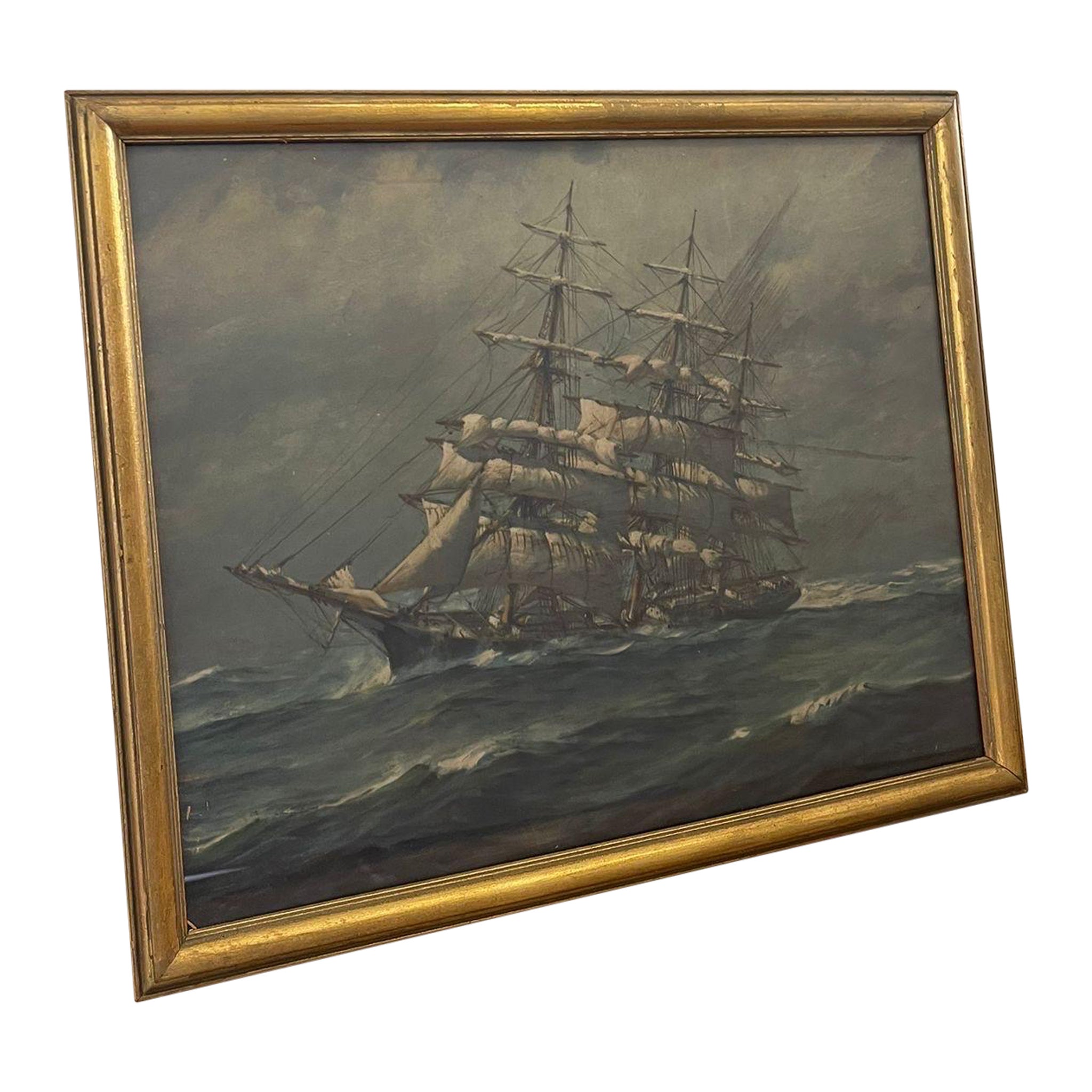 Vintage Framed and Signed Print of Sail Boat at Sea.