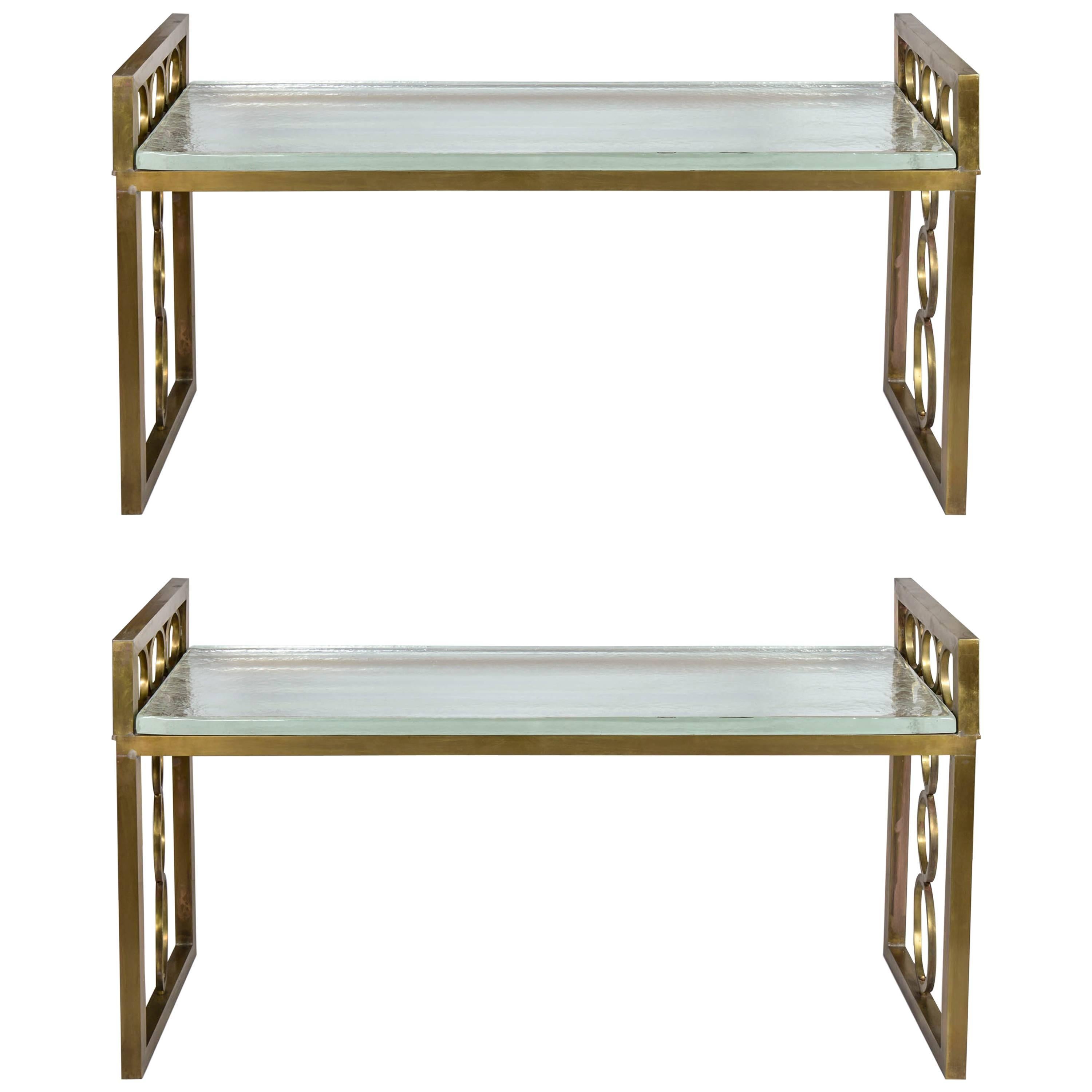Pair of Benches in Metal and a Slab in Murano Glass