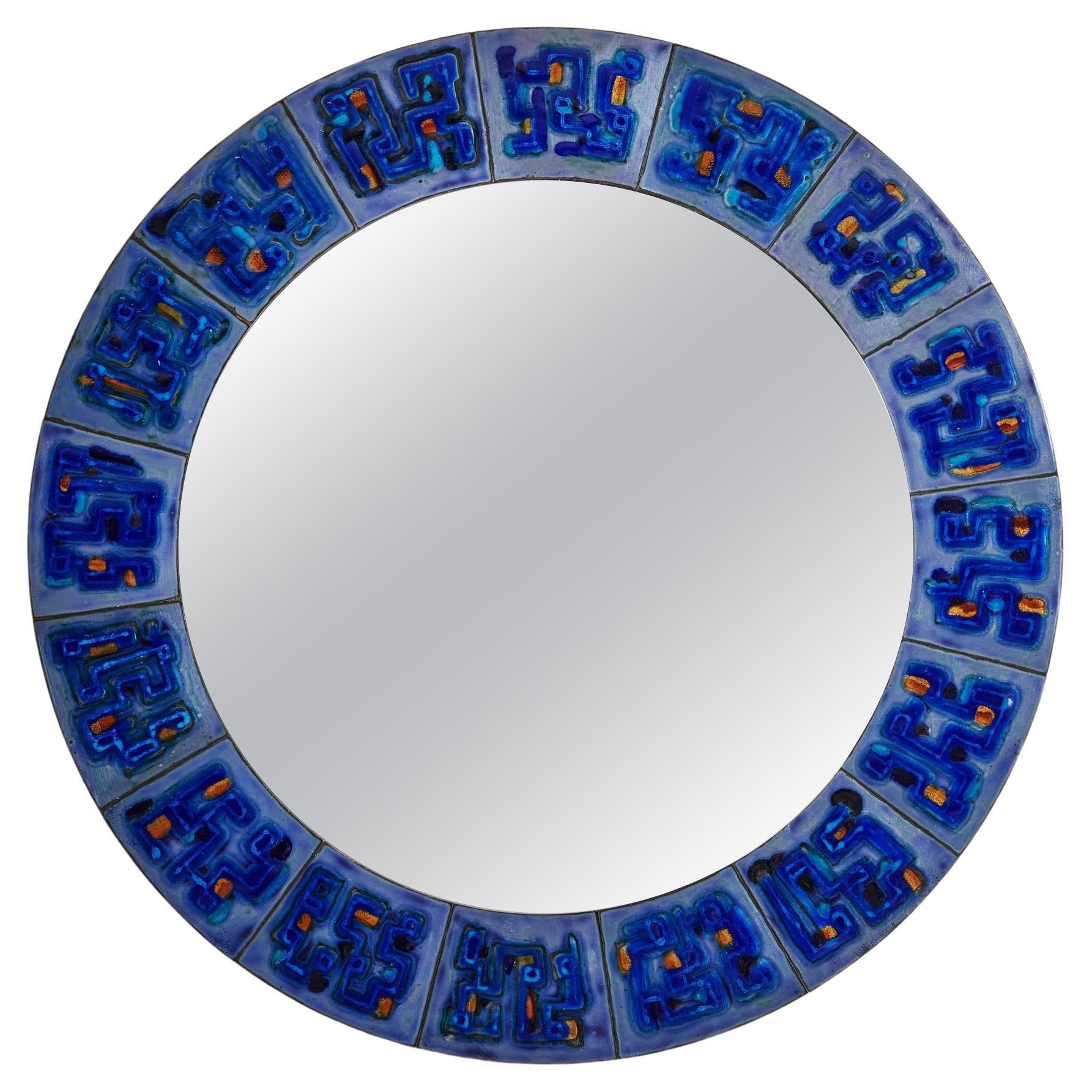 4/5 Blue Hand-Painted Enamel Mirror by Bodil Eje, Denmark 1960s