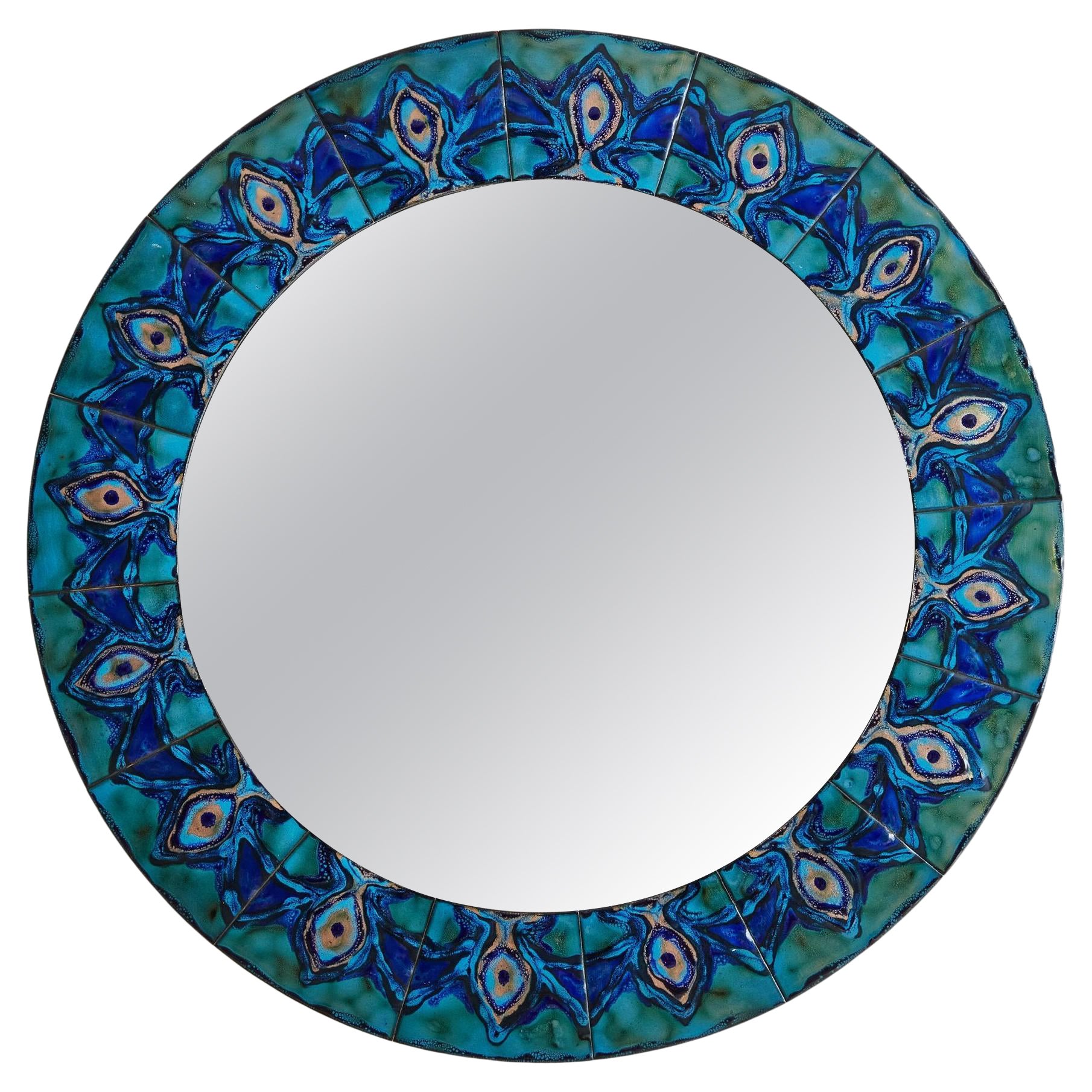 1/5 Blue Hand-Painted Enamel Mirror by Bodil Eje, Denmark 1960s For Sale