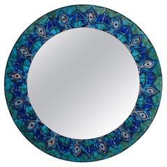 1/5 Miroir en émail bleu peint à la main par Bodil Eje, Danemark années 1960