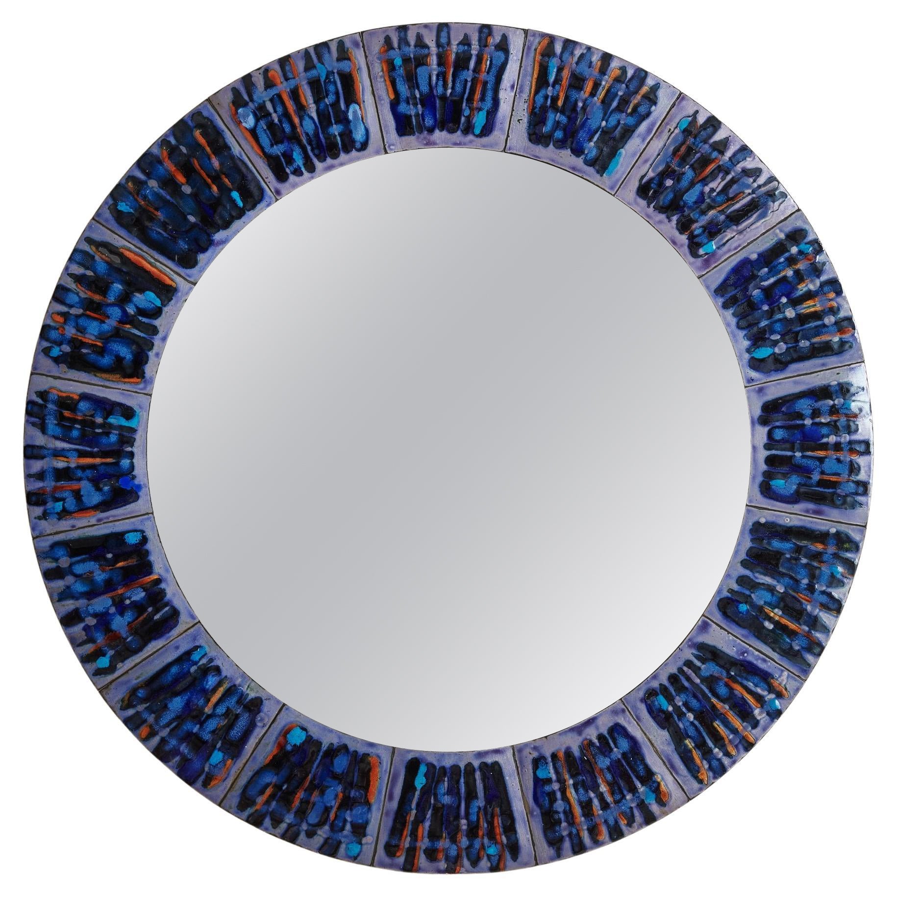 2/5 Blue Hand-Painted Enamel Mirror by Bodil Eje, Denmark 1960s For Sale
