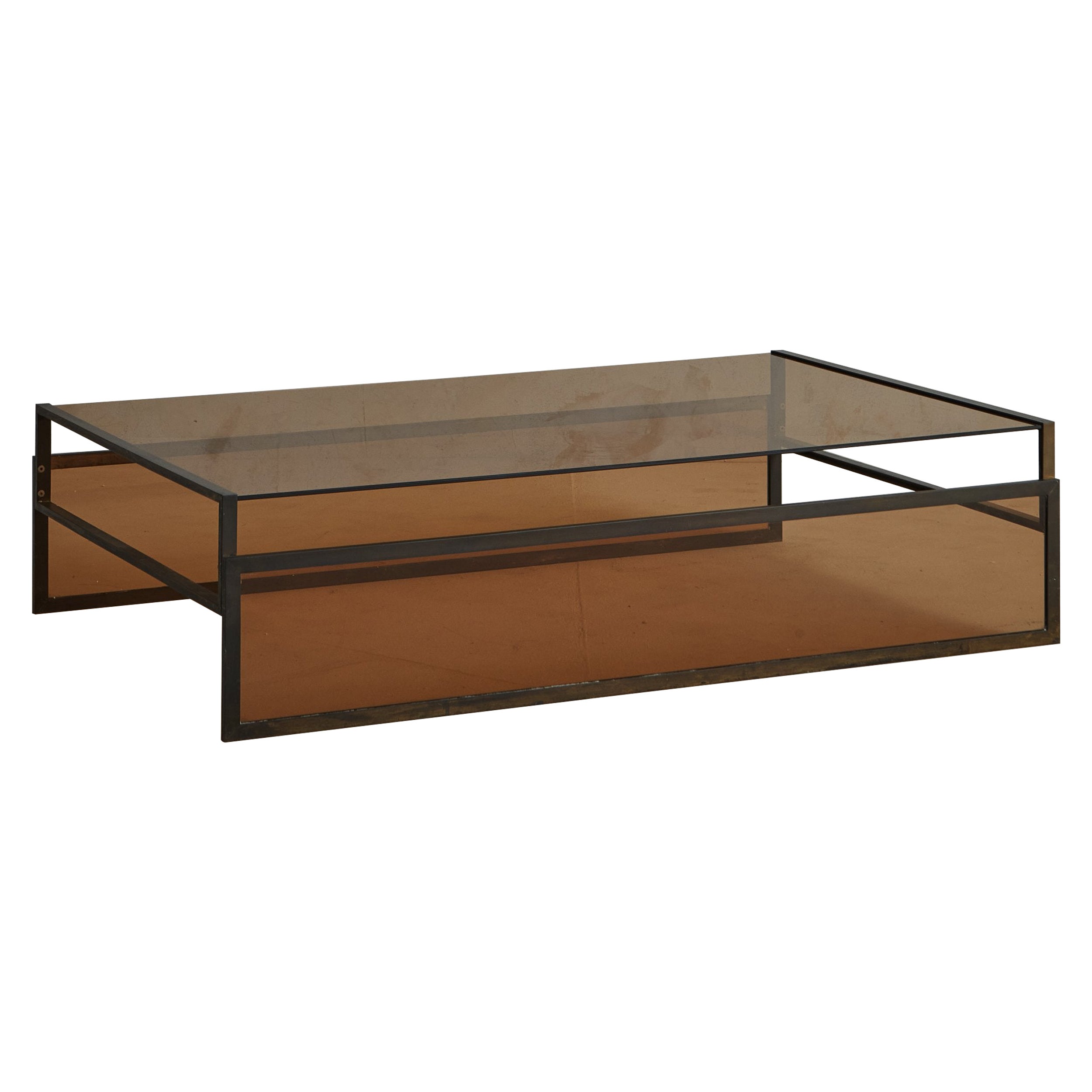 Modernist Amber Glass Coffee Table with Iron Block Frame, France 20th Century For Sale