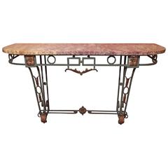 French Art Deco Patinated Iron Console with Marble Top