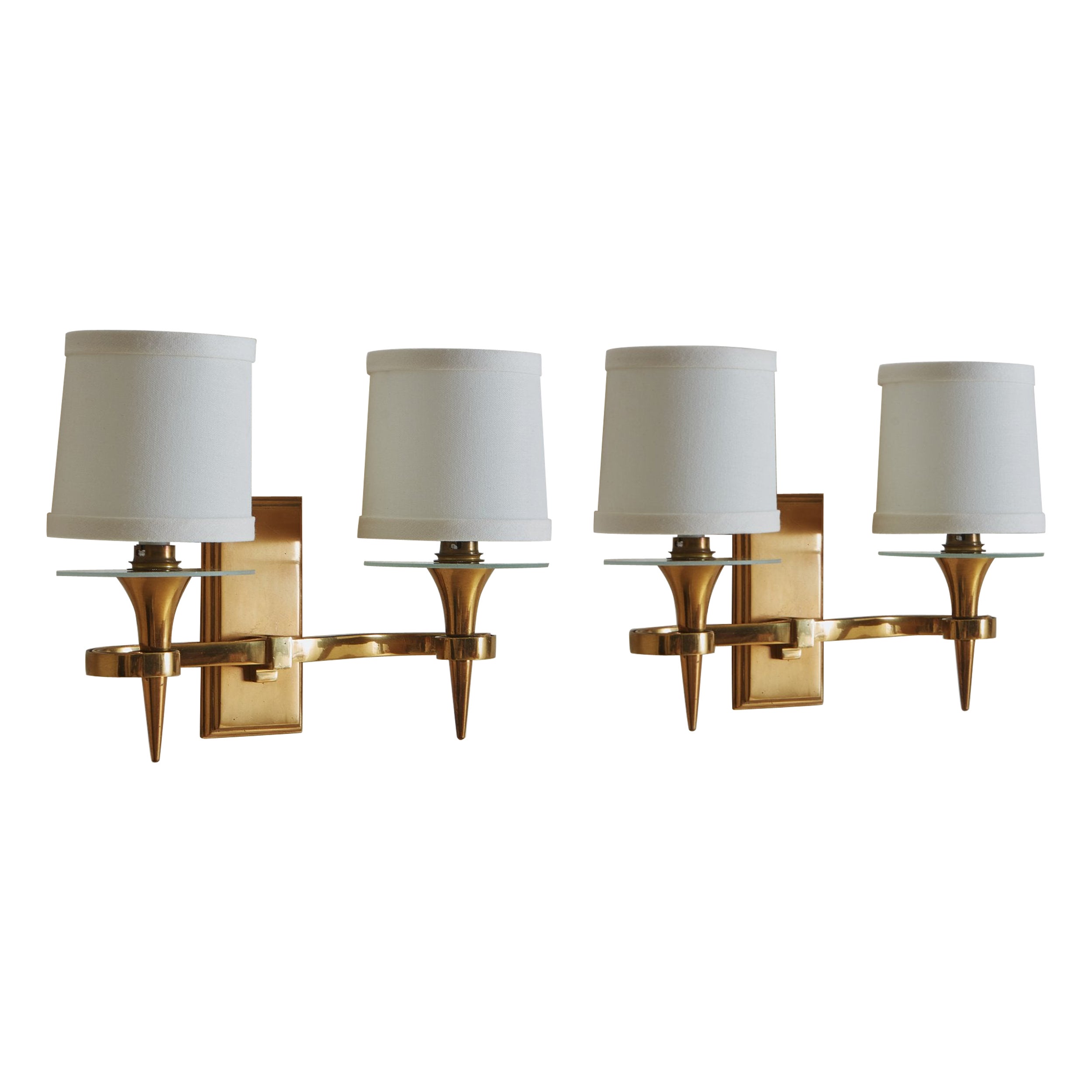 Pair of Brass Torch Sconces with Shades, France 1940s For Sale