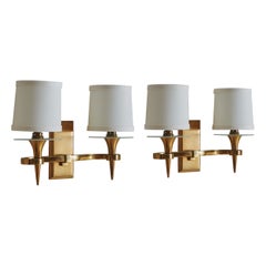 Pair of Brass Torch Sconces with Shades, France 1940s