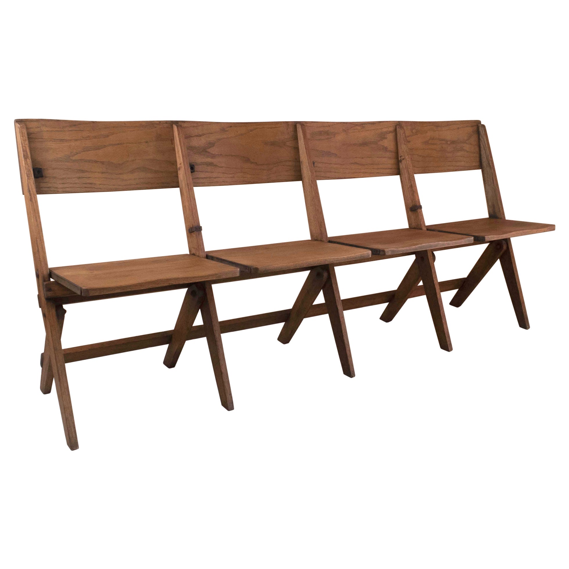 Vintage Campaign Folding Oak 4 Seater Bench. English C.1920 For Sale