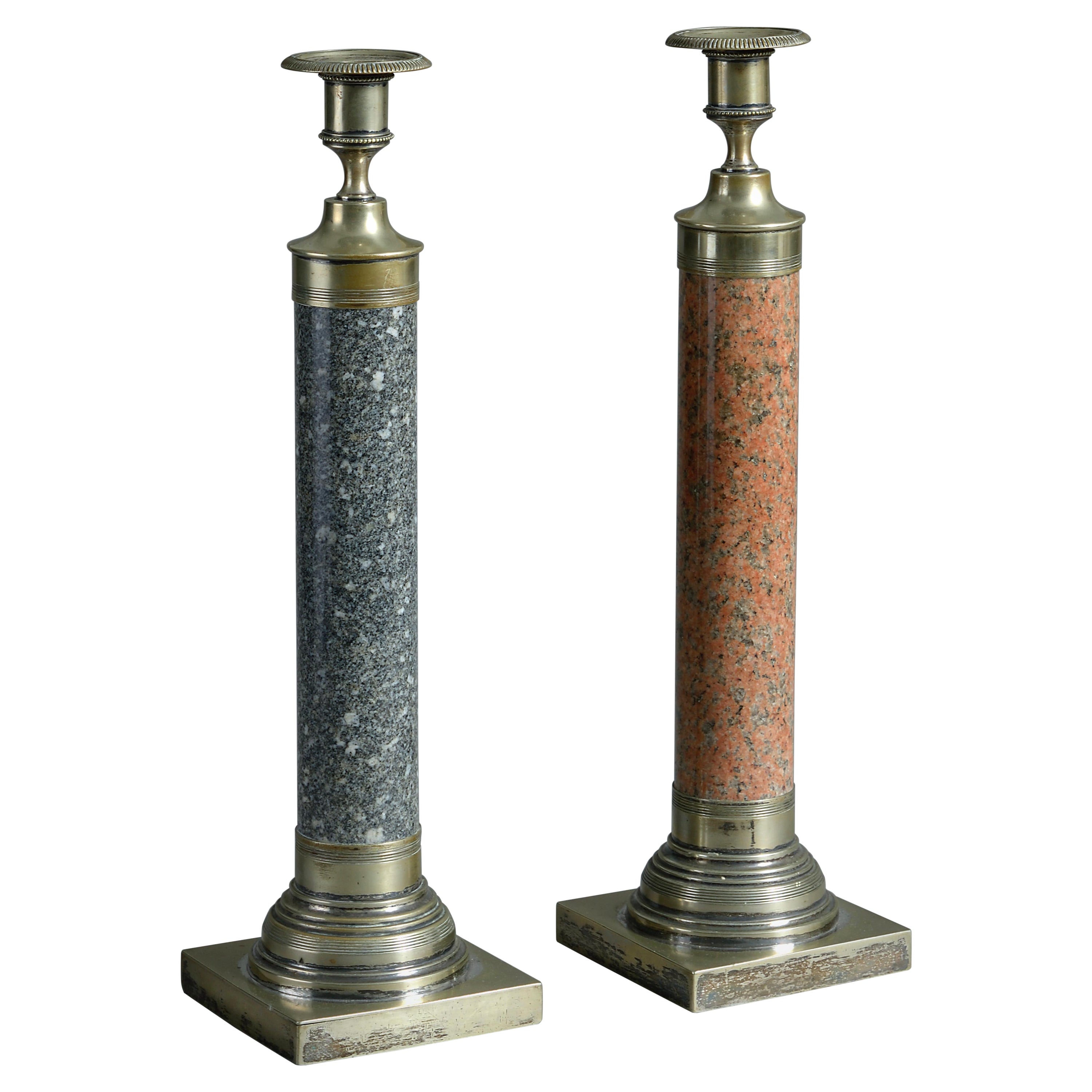 Pair of Scottish Granite and Silver-plate Candlesticks For Sale