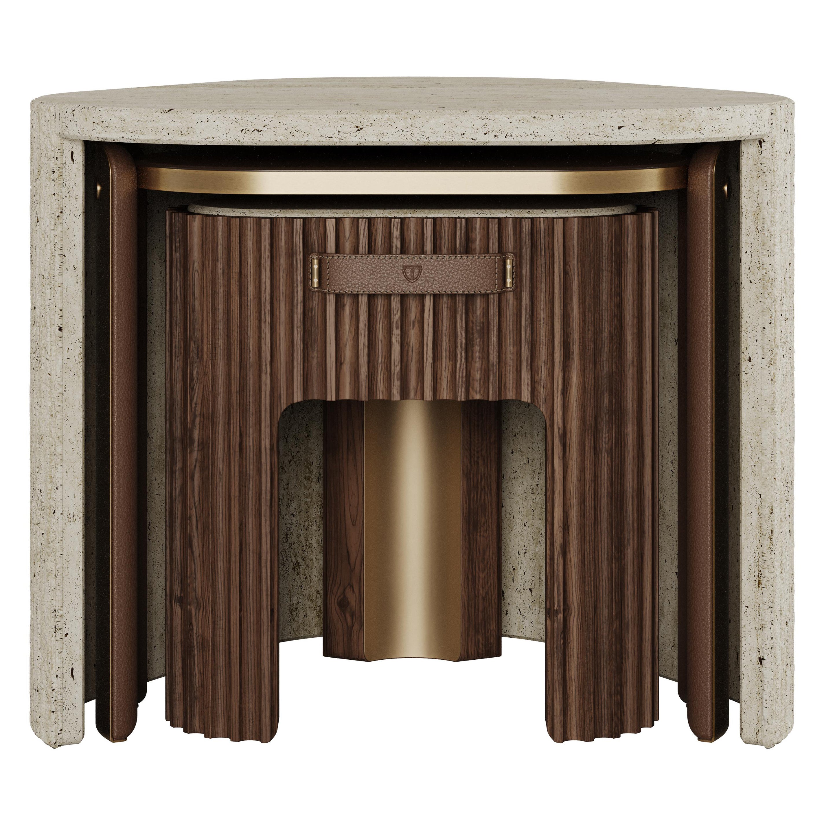 21st Century Henley Side Table Wood Travertine Brass by Wood Tailors