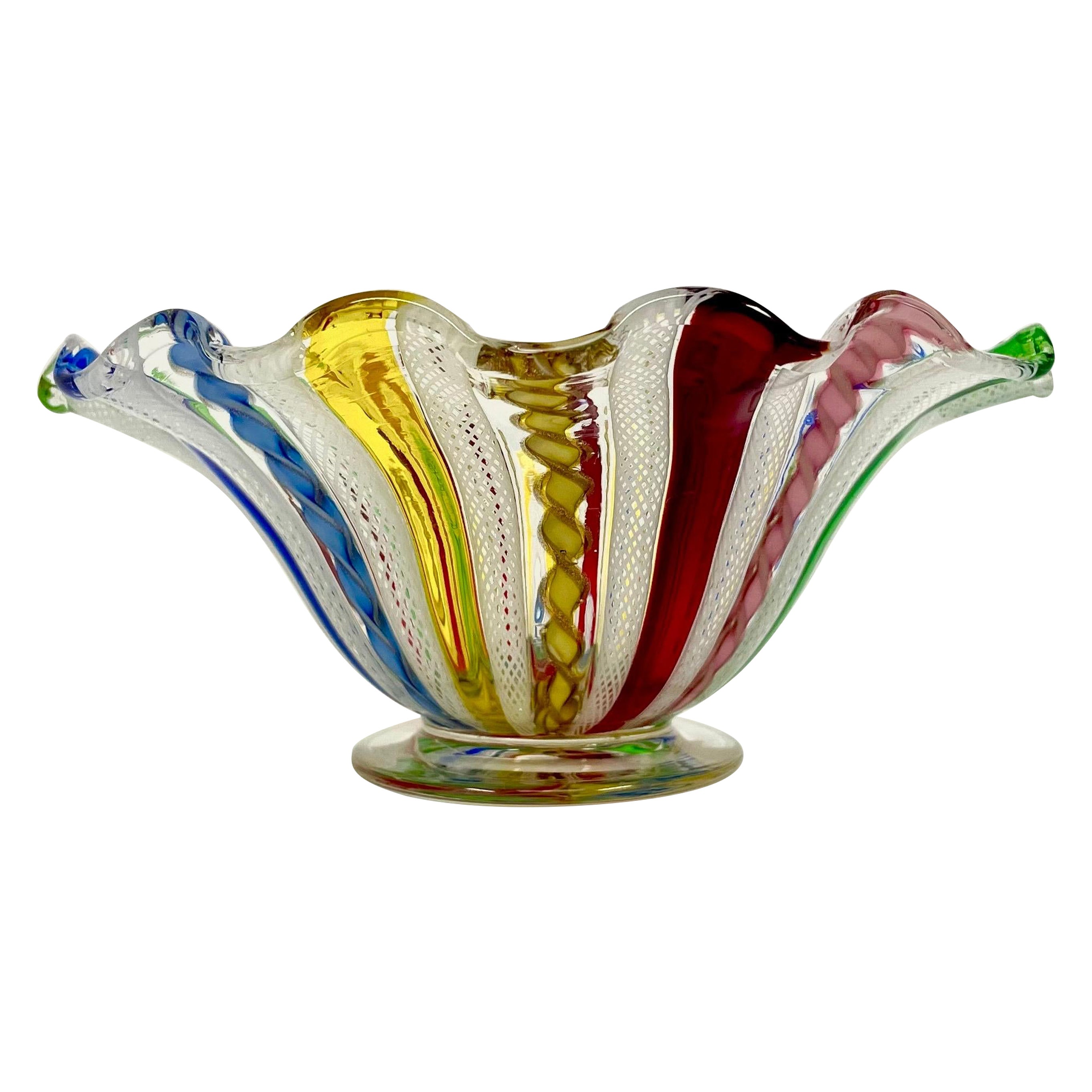 Italian 1950s Salviati Murano Footed Glass Bowl with Rainbow Colored Decor For Sale