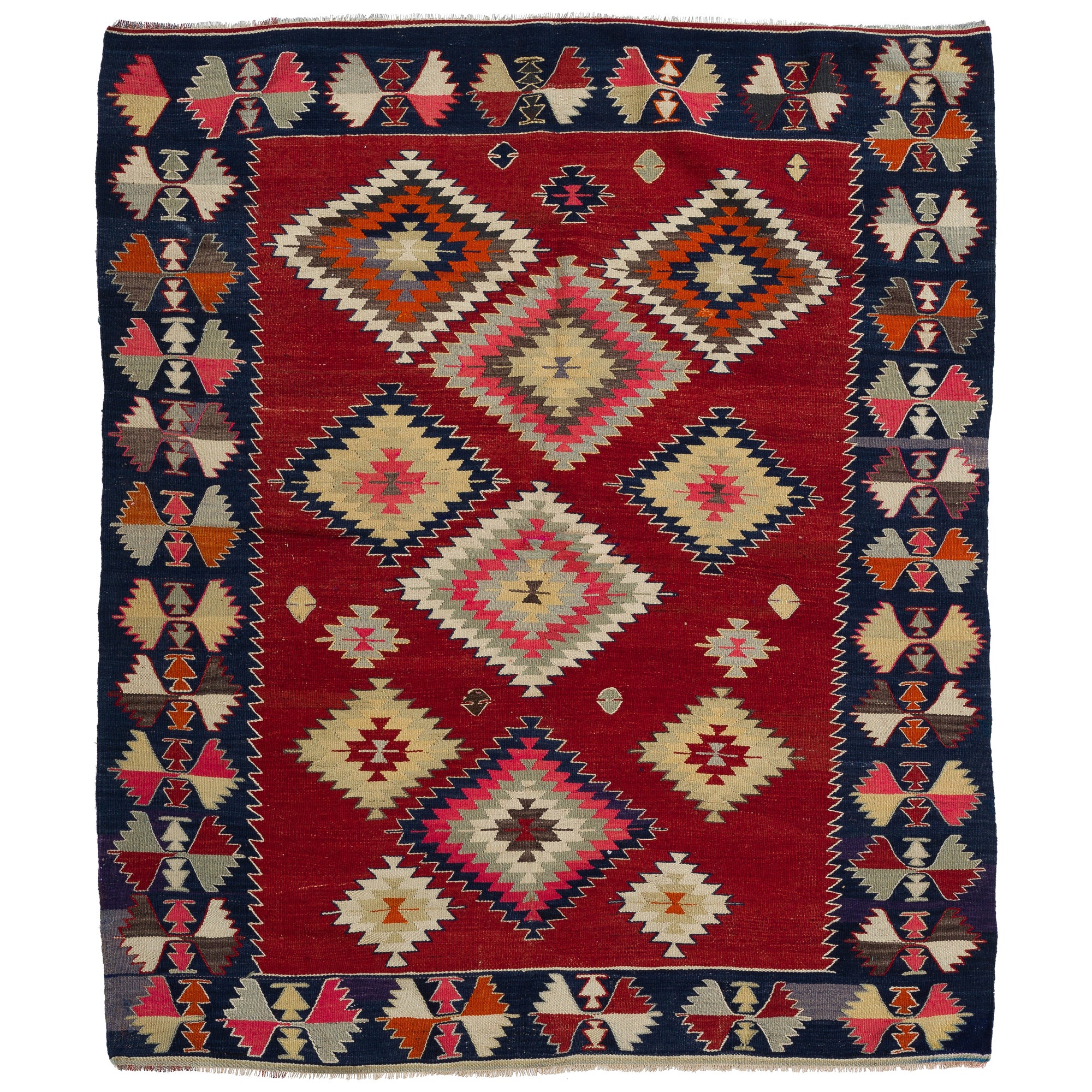 5.8x6.8 Ft Vintage Anatolian Kilim Rug in Red with Geometric Design, 100% Wool