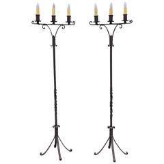 Pair of 1920s Tall Wrought Iron Torchieres