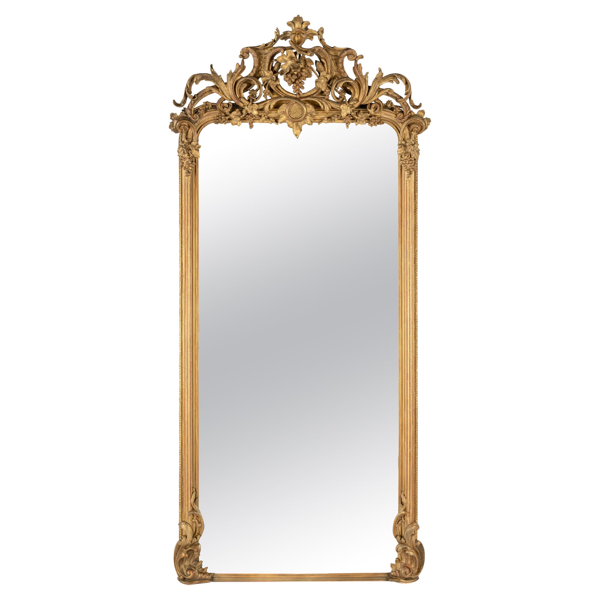 Grand miroir monumental français orné de feuilles d'or et de dorures Louis Philippe 