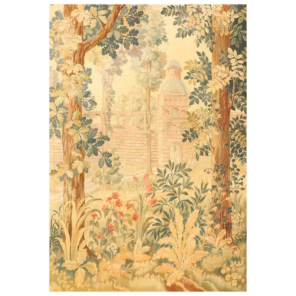 Antique Floral Design And Soft Colored Rare American Tapestry 4'9" x 6'10" For Sale