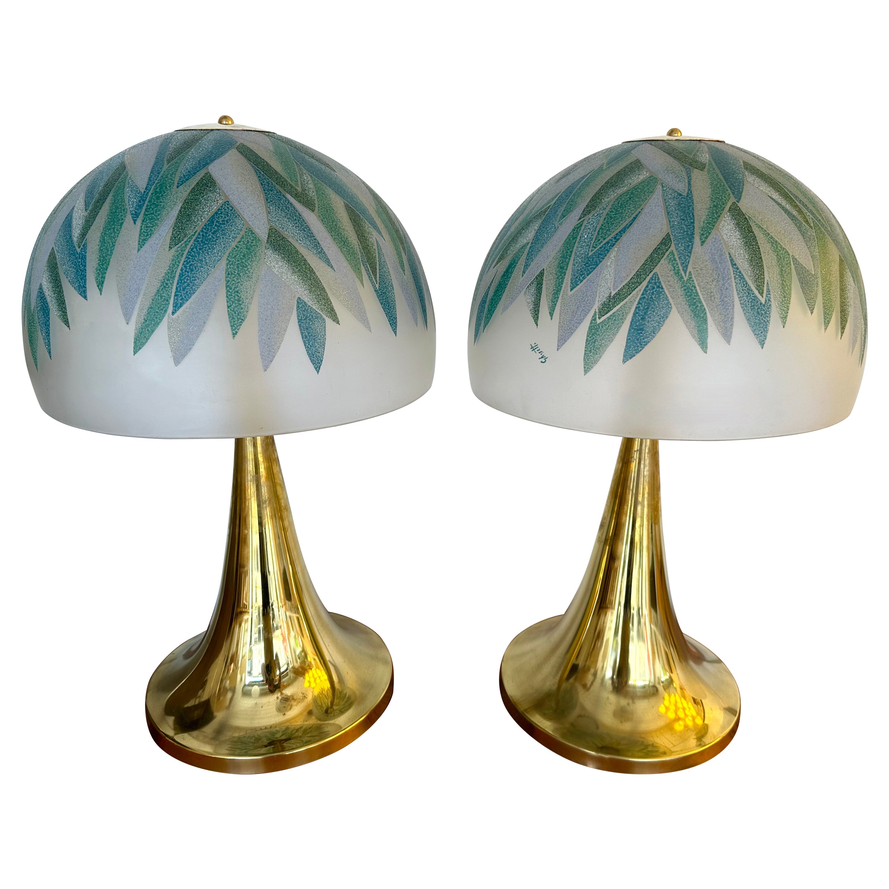 Pair of Brass and Murano Glass Palm Tree Shades Lamps by Ghisetti, Italy
