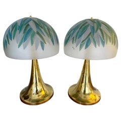 Vintage Pair of Brass and Murano Glass Palm Tree Shades Lamps by Ghisetti, Italy