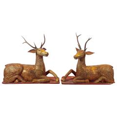 Antique Pair of Burmese Gilt Teak Wood with Glass Inlay Deer
