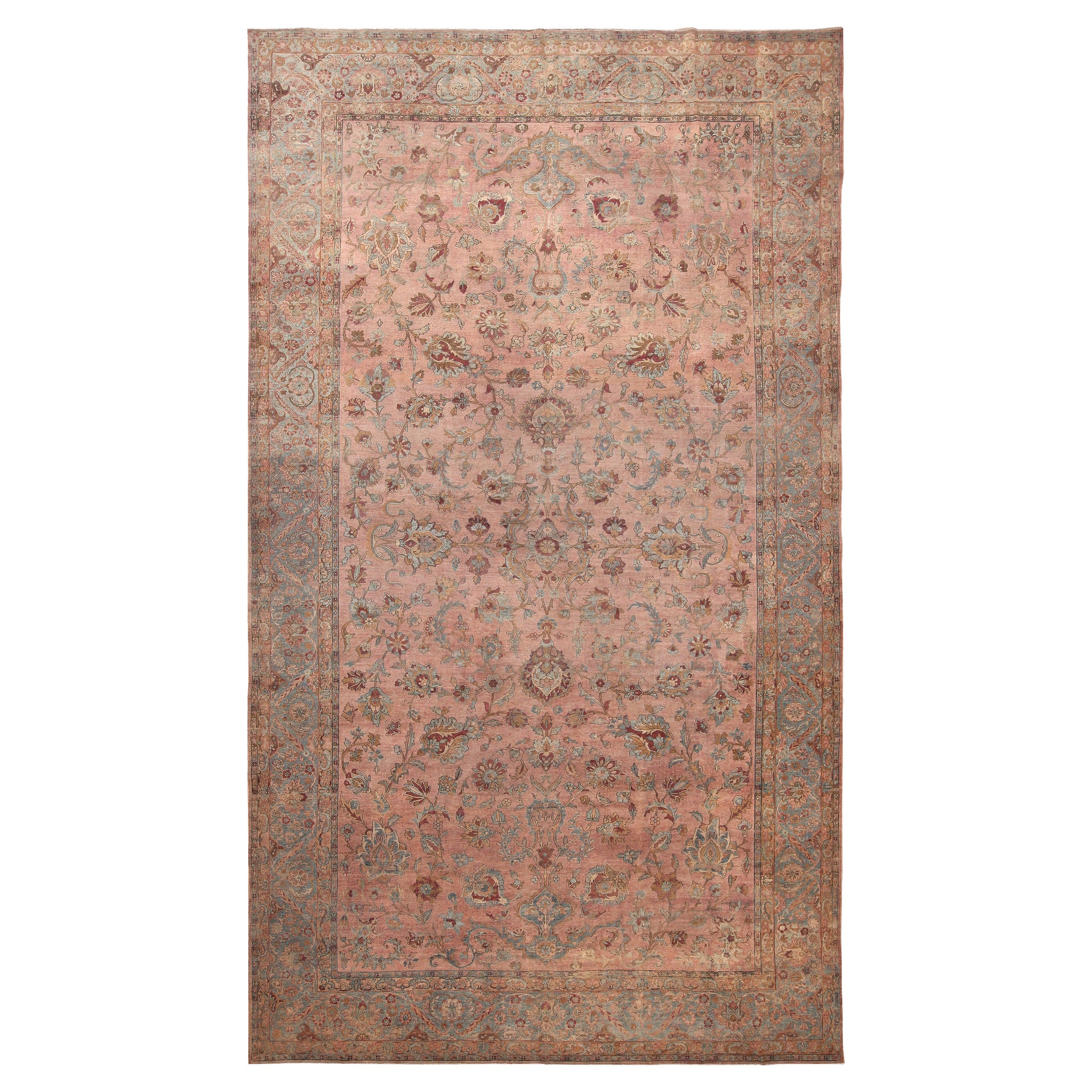 Large Light Pink Antique Persian Kerman Rug 9'9" x 17'6" For Sale