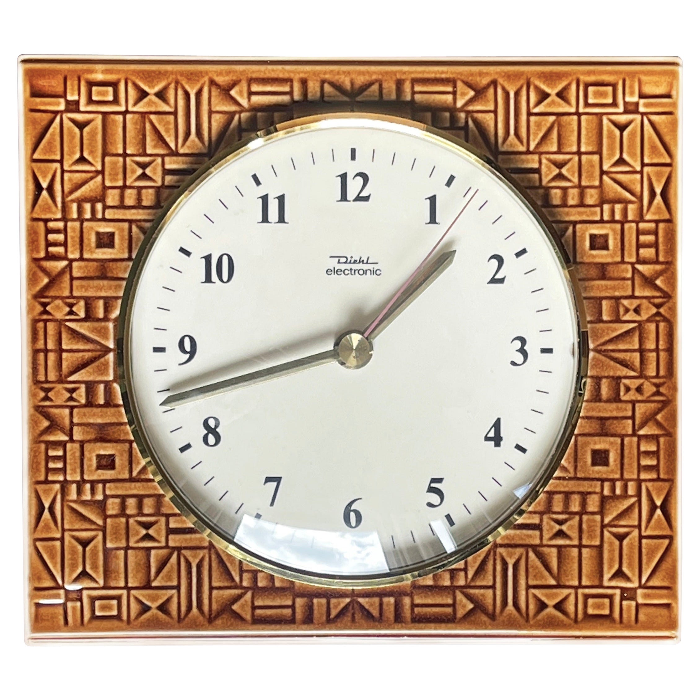 Midcentury Diehl Ceramic Wall Clock, Glossy Caramel Relief in 3D, 1960s, Germany For Sale