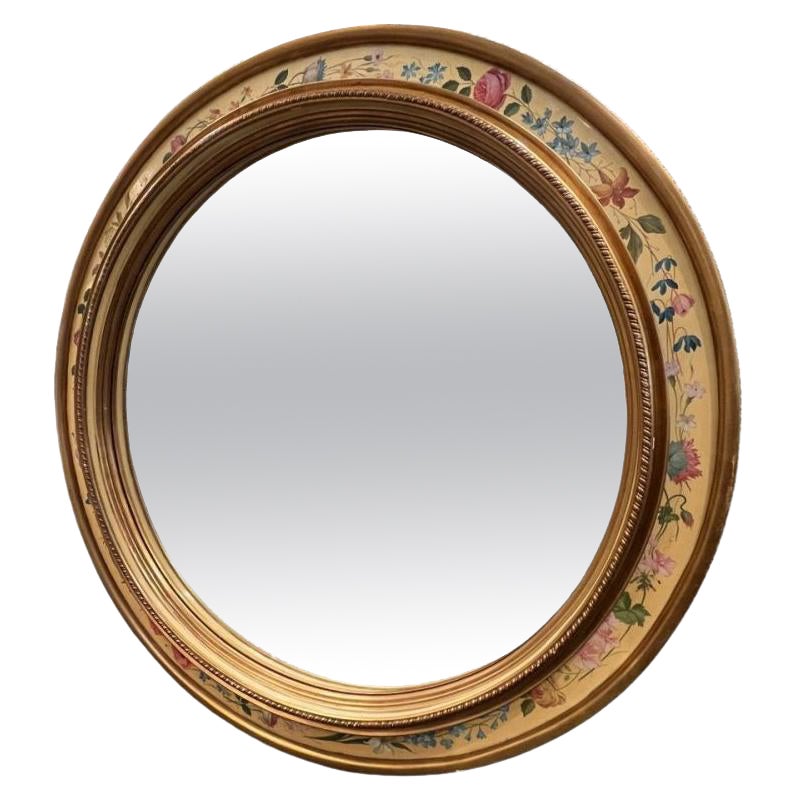 Large Round Floral and Gilt Italian Midcentury MIrror For Sale