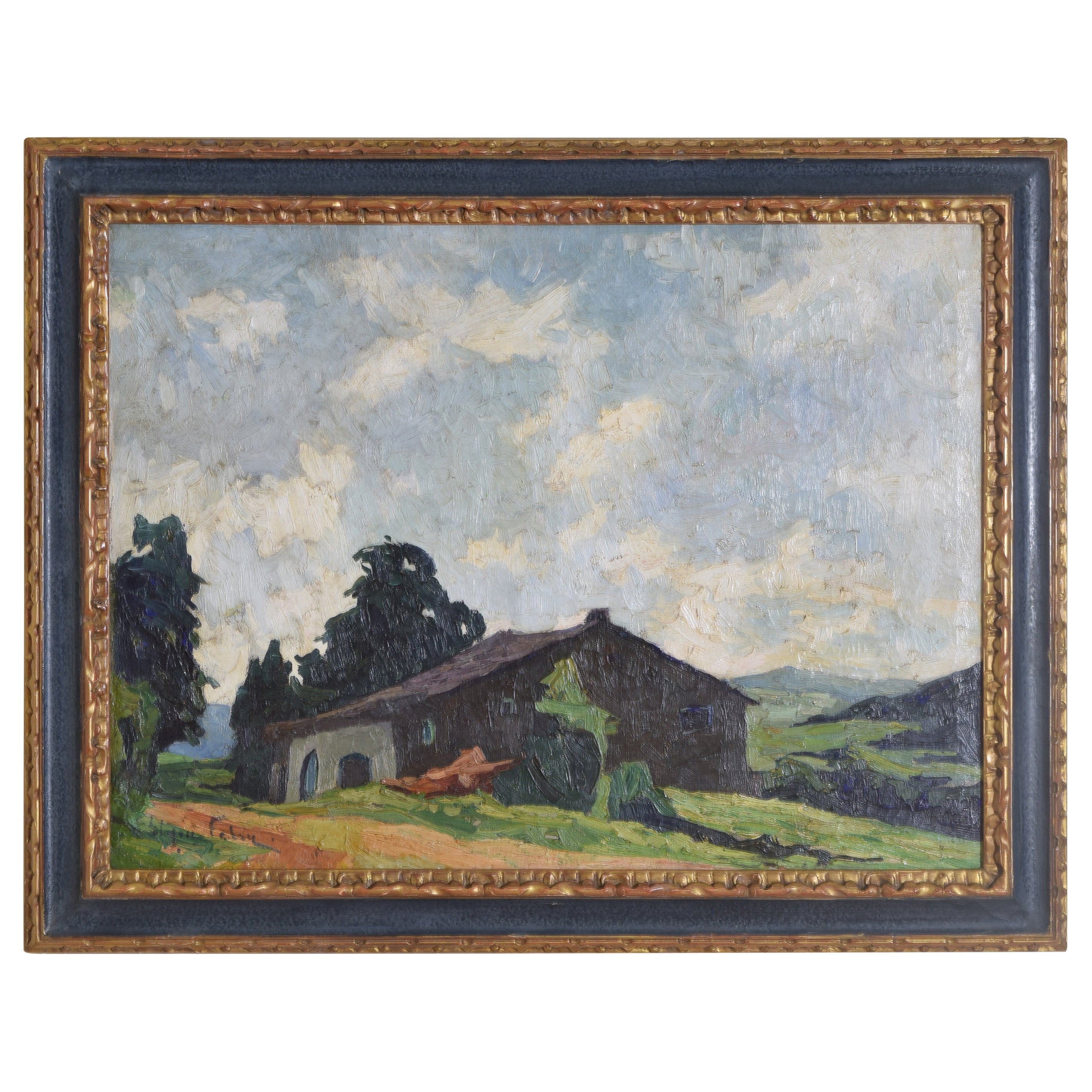 French Oil on Canvas, Alpine Farmhouse, signed, period frame, ca. 1925 For Sale