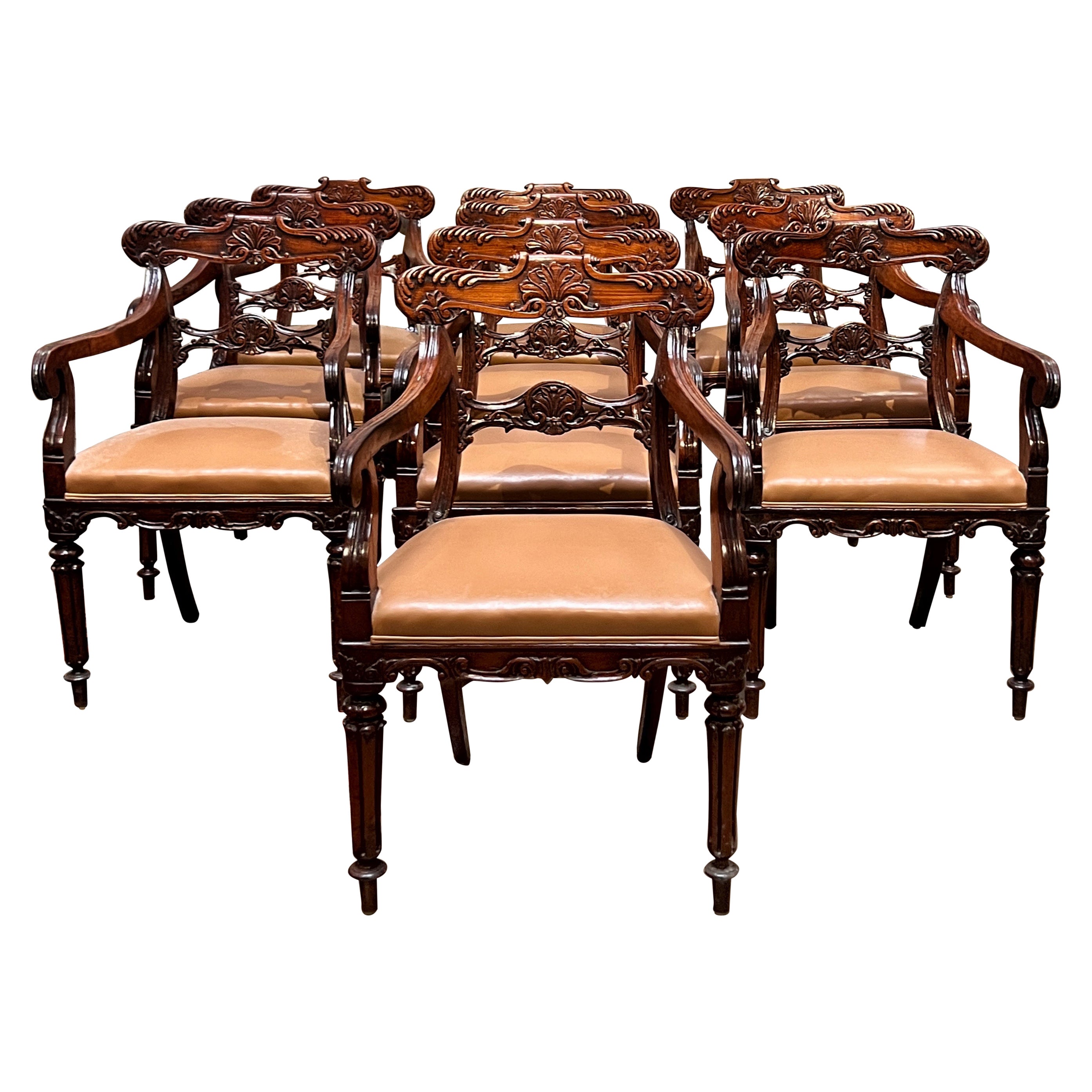Set of Ten 19th Century Anglo-Indian Padouk Wood Dining  Armchairs 