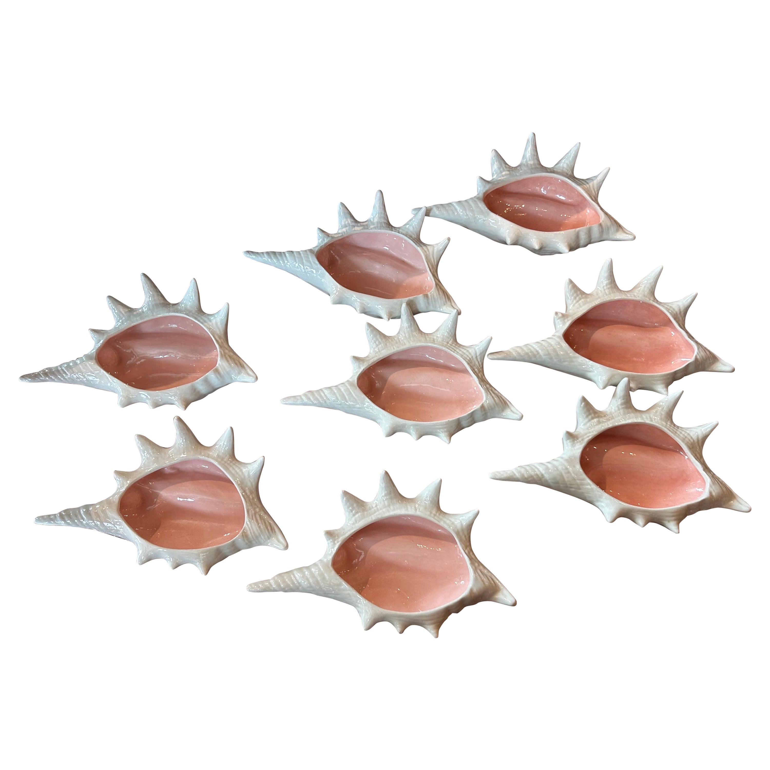 Set of 8 1960s Ceramic Conch Shell Pink White Seashell Bowls Vessels Palm Beach For Sale